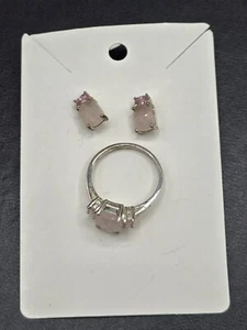 Vintage Avon 925 Sterling Pink Jedeite & Morganite Earrings & Ring Size 9 - Picture 1 of 7