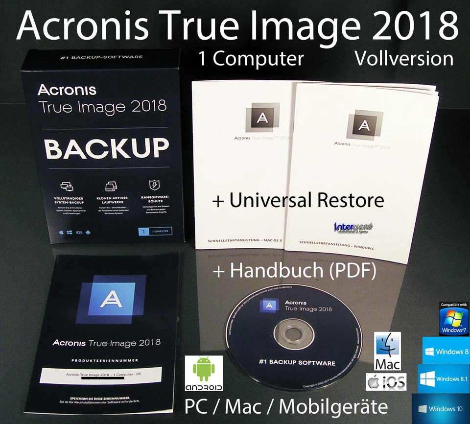 Acronis True Image 2018 Vollversion 1 PC/Mac Box, CD + Universal Restore OVP NEU - Bild 1 von 4