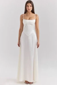 HOUSE OF CB 'Anabella' Ivory Satin Lace Up Maxi Dress S 8/10 3922 - Picture 1 of 12