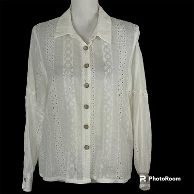 Blusa On Twelfth Top Talla L Ojales Blanca Manga Larga Volantes 100% Algodón Clásica Foto 1 de 4