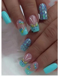 24pcs Long Square Butterfly Pattern Fake Nail Set Press On Nails False Nails - Picture 1 of 1