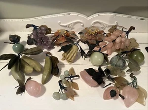 Group Chinese Carved Jade, Agate, Rose Quartz Gemstone Flowers Fruits Vegetables - Picture 1 of 24