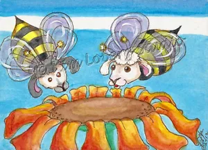 Sheep Bumble Bees lamb Bugs aceo EBSQ Kim Loberg Fantasy insect Mini Art Flower - Picture 1 of 3