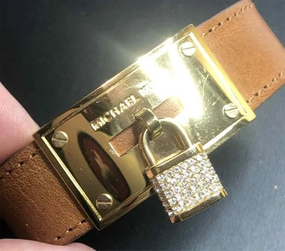 6341 Michael Kors золотистый желтовато-коричневый кожаный кристалл замок браслет 6,5 «-8» - Изображение 1 из 4