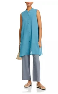 Eileen Fisher River Silk Georgette Silk Button Down Shirt Mandarin Tunic L NEW - Picture 1 of 10