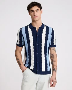 2XL - Express Wavy Striped Cotton-Blend Short Sleeve Button Up Navy White Blue - Picture 1 of 5