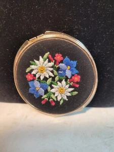 Vintage Swiss Floral Embrodered Compact Purse Dresser Double Sided Hand Mirror - Picture 1 of 5