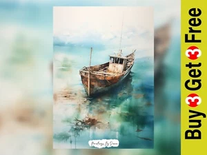 Barca Rustica Galleggiante sul Mare, Stampa Quadro Acquerello 5"x7" su Carta Opaca - Foto 1 di 7
