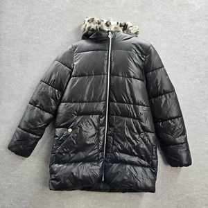 Michael Kors Girls Jacket 16 Black Puffer Parka Hooded Faux Fur Leopard - Picture 1 of 12