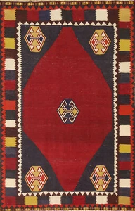 Geometric Red Kilim Flatweave Rug 4x7 Hand-woven Carpet - Picture 1 of 12