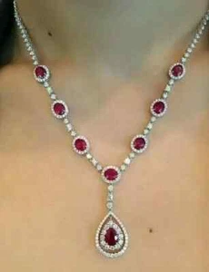 22Ct Pear Cut Lab Created Ruby Diamond Tennis Necklaces 14k White Gold Plated - Picture 1 of 4