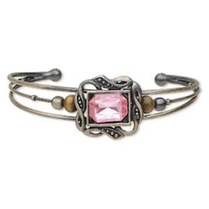 Antique Brass Bronze Pink Faceted Glass Rhinestone Beaded Wire Cuff Bracelet - Picture 1 of 1