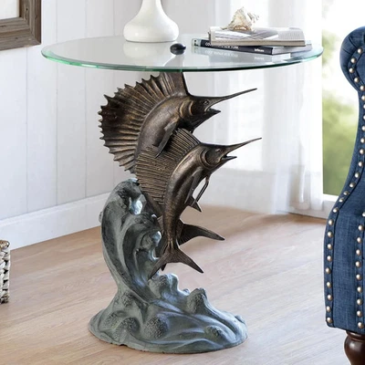Marlin And Sailfish End Table Aluminum Glass Home Decorative Collectible - Image 1 of 4