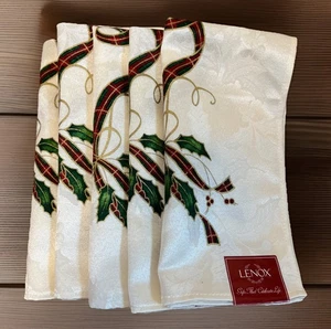 Lenox NWT Set Of 5 Holiday Nouveau Napkins 20" Red Green Gold Ribbon Holly Berry - Picture 1 of 7
