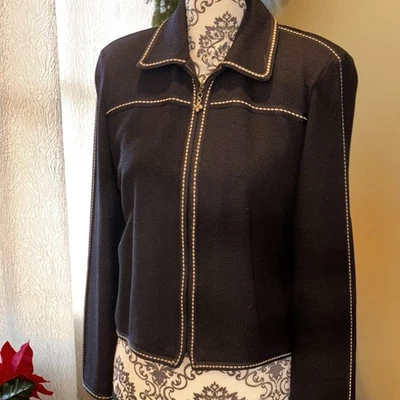 St John Blazer Jacket Western Collar Blk Knit Dashed White Trim Zip Front Sz 6 - Image 1 of 4