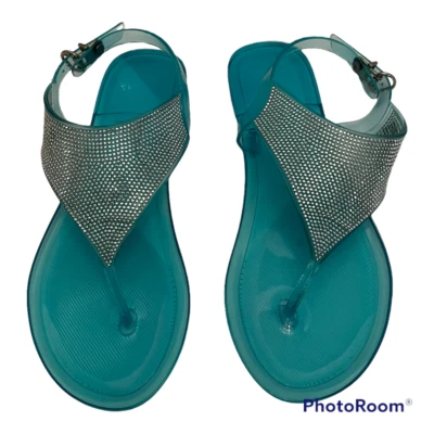 Sandálias planas femininas tamanho 9 azul bling tanga biqueira aberta prata brilho geléia praia - Imagem 1 de 4