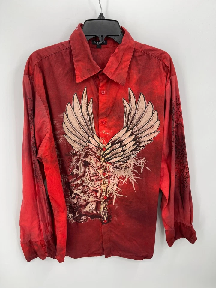 Camisa Mission USA Para Hombres XL Rojo Ángel Gráfico Manga Larga Abotonada Rockabilly Foto 1 de 4