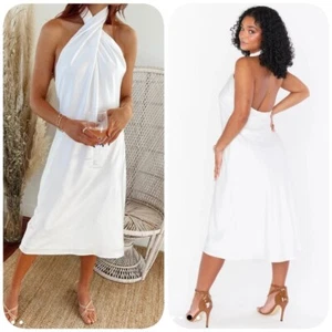 Show Me Your MuMu Jasmine Halter Midi Dress in Ivory Luxe Satin Sz S - Picture 1 of 10