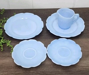 Jeannette Delphite Blue Depression Glass Childrens Tea Saucers Plates Creamer - Picture 1 of 12