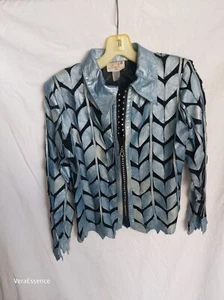 Kamar Vintage Metallic Blue Leather Lambskin Leaf Jacket Size S Full Zip Mesh - Picture 1 of 9
