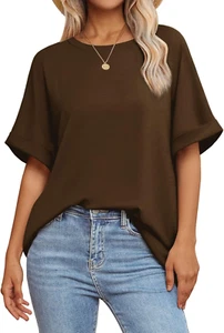 Womens Oversized T Shirts Loose Fit Crewneck Short Sleeve Summer Casual Blouse 2 - Picture 1 of 12