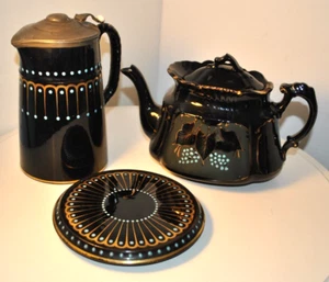 Antique- Victorian Black lustre Teapot Set- Floral Hand-painted- Decorative GC - Picture 1 of 7