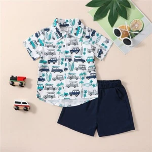 NEW Surfboard Car Boys Short Sleeve Button Shirt & Shorts Outfit Set - Picture 1 of 5