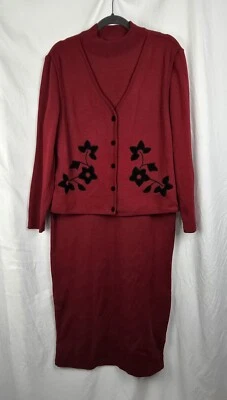 Vintage Leslie Fay Knit Sweater Dress Red Preppy 80s 90s Teacher Christmas sz L  — 第 1/4 张图片