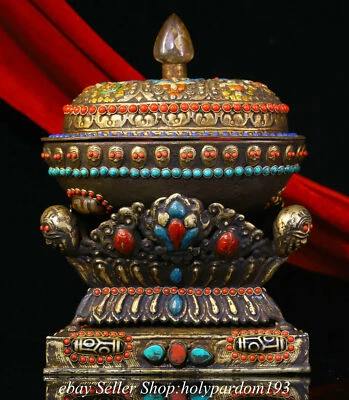 8.8" Old Tibet Bronze Painting Inlay Gems Temple Lid Ghau Shrine Box Bowl   - Image 1 of 4