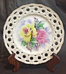 Vintage Lefton China handbemalte Rosen 8 1/4" dekorative Platte Gitterrand - Bild 1 von 7