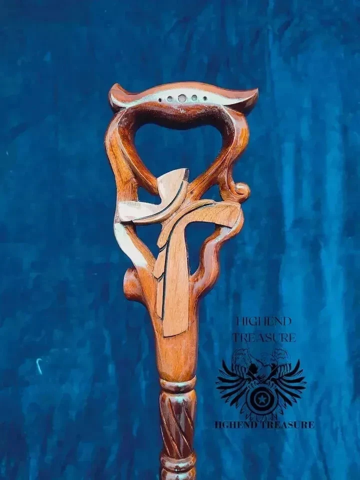 Walking Stick Cane Christian Cross wood Hand carved handle wooden Art - Image 1 of 4
