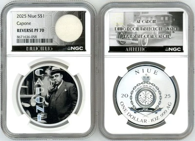 2025 $1 Silver Niue Capone Reverse PF70 NGC w/Capone Estate Tablecloth Swatch - Image 1 of 2