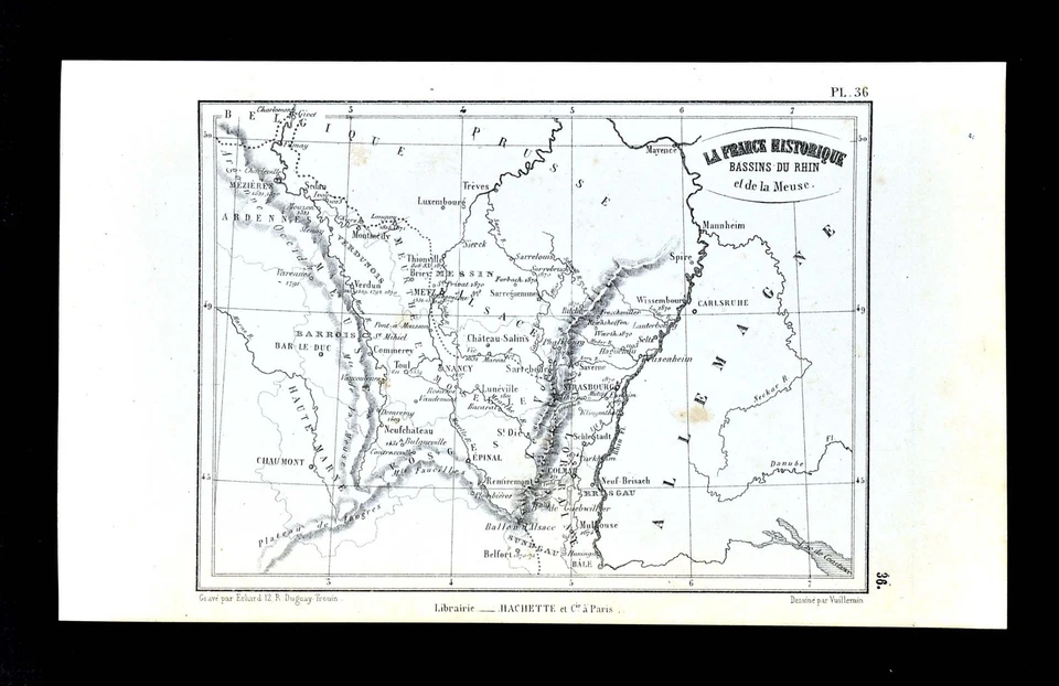 Mapa Vuillemin 1877 - Francia histórica - Cuenca del Rin Estrasburgo Nancy Metz Colmar Foto 1 de 1
