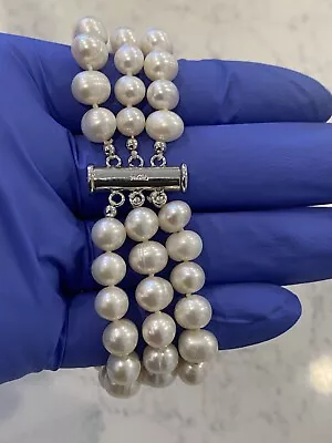 "Brazalete triple hilo de perlas cultivadas de agua dulce broche relleno de oro 7,25""" Foto 1 de 4