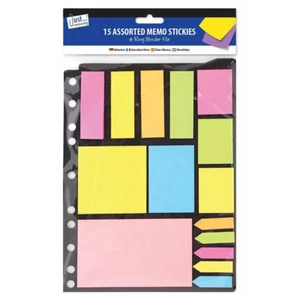 15 Assorted Neon Memo Stickies with Ring Binder File in 6 Sizes and 6 Colours - Foto 1 di 1