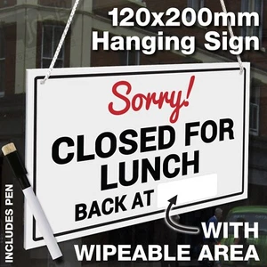 WISCHBEREICH "SORRY CLOSED FOR LUNCH - BACK AT" HÄNGENDES LADENTÜRSCHILD MIT STIFT - Bild 1 von 9