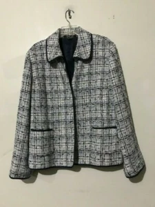 Ellen Tracy Size 22 Plaid Navy Blue Cream Tan Suit Jacket Blazer Women Cotton - Picture 1 of 12