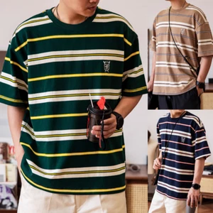 Red Tornado Men's Vintage Striped Short Sleeve Summer T-Shirt Loose Heavyweight - Picture 1 of 18
