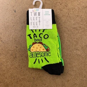 Two Left Feet Kid Shoe Size 8-13 Green Fun Taco Print Crew Socks 1 Pair NWT - Picture 1 of 3