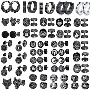 Norse Viking Runes Wolf Head Earring For Men Women Hoop Stainless Steel Stud Set - Picture 1 of 71