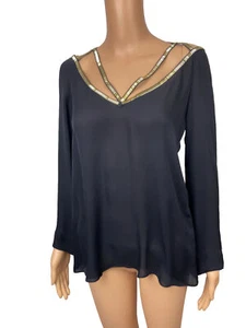 Versace Sammlung. Transparente Bluse einfarbig Seide Gold Nieten Ausschnitt Schwarz Größe 38/S - Bild 1 von 7