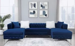 Modern U-Shape Blue Fabric Sofa Sectional Couch w/ Chaise - Living Room Set ICAT - Picture 1 of 2