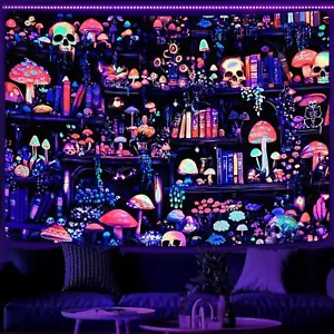 Invoibler Blacklight Bookshelf Tapestry UV Reactive Magic Books Tapestries Mushr - Picture 1 of 7