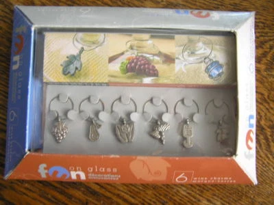 Sommelier Fun on Glass 6 件套锡线混合图案葡萄酒玻璃饰品 ~ 全新带盒! — 第 1/3 张图片