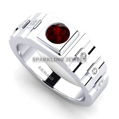 Piedras preciosas de corte redondo granate con anillo de plata de ley 925 para hombre #D117 Foto 1 de 4