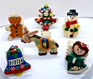 Vintage Xmas Napkin Rings Set of 6 Hand-Painted Holiday Figurines Retro 1980s - Picture 1 of 22