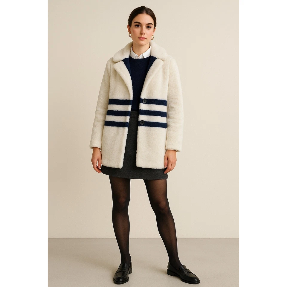 J. Chaqueta Abrigo Crew Yuma Teddy Sherpa Trench Rayas Crema Difusa Azul Marino XS Foto 1 de 4