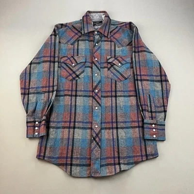 Vintage Champion Westerns Shirt Mens 15.5x33 Medium Plaid Pearl Snap Flannel 80s - Image 1 of 4