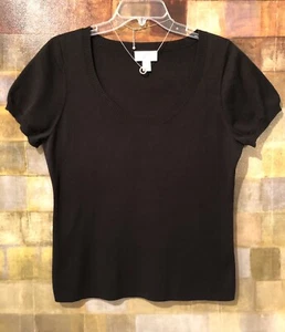 ANN TAYLOR LOFT Black SS Scoop-Neck Knit Cotton Top Size L (10-12) EUC - Picture 1 of 10