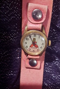 Vintage Cinderella Charakter Uhr im unedlen Metallgehäuse original rosa Lederband - Bild 1 von 3